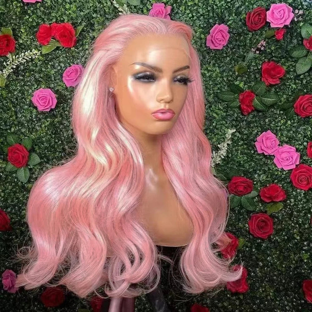 Light Pink Long Body Wave Synthetic Lace Wig with Middle Part